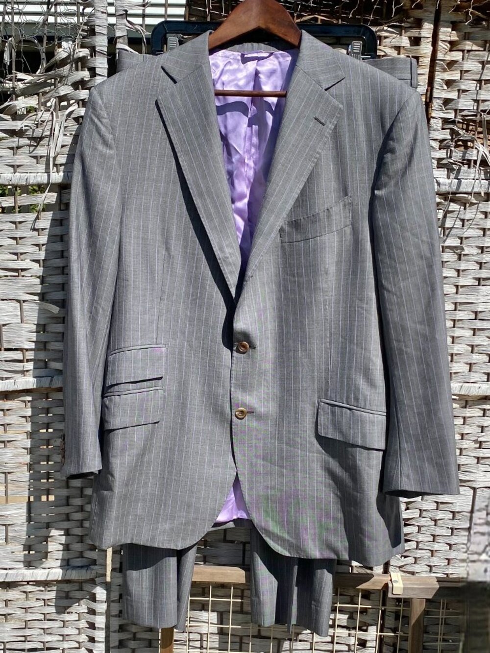 Saverio Clothiers 2 Piece Suit Bespoke Scottsdale Gray Purple Pinstripe Vintage